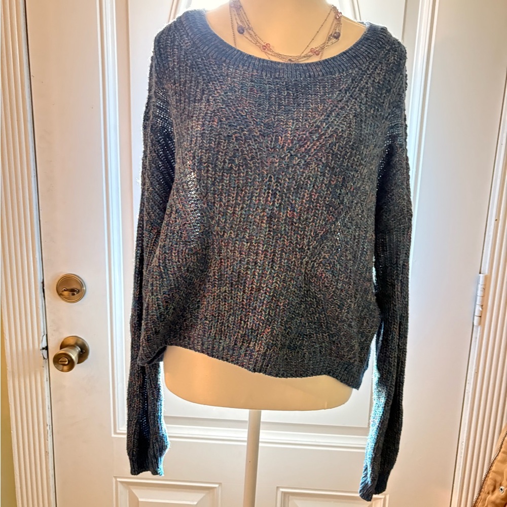 Express cropped Women's Blue and Pink Knit Sweater with open back design